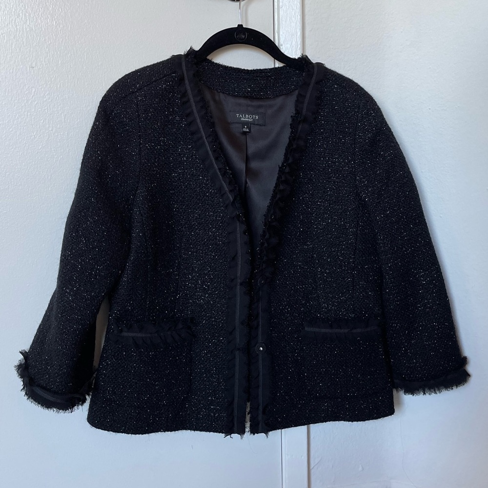 Talbots Collection Black Tweed Silver Shimmer Fringed Ruffle Wool Jacket 8 - Picture 2 of 10